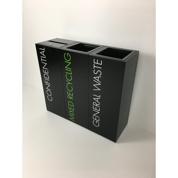 confidential lockable office recycling bin black with white lettering, Mixed Recycling with green lettering and General waste with white lettering
