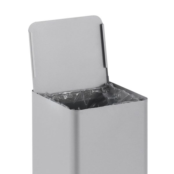 silver office recycling bin open to show bin bag