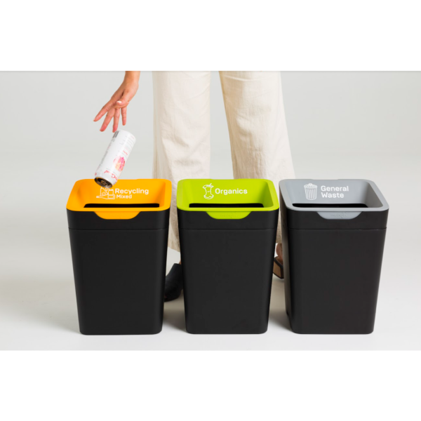 row of 3 office recycling waste bins with orange, lime green and grey tops and white lettering