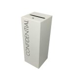 white office recycling bin with lock and confidential paper slot. Black Lettering Confidential