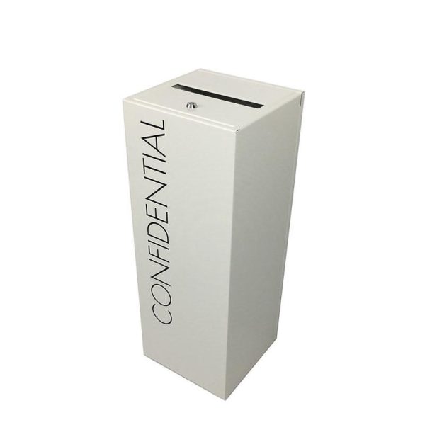 white office recycling bin with lock and confidential paper slot. Black Lettering Confidential