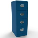 blue office filing cabinet with 4 drawers