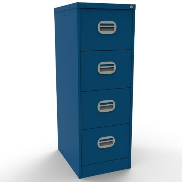 blue office filing cabinet with 4 drawers