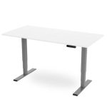 height adjustable desk with white desk top and silver leg frame