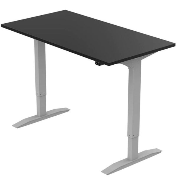 height adjustable desk with black desk top and silver leg frame