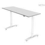 height adjustable desk with light grey desk top and white leg frame