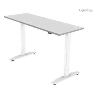 height adjustable desk with light grey desk top and white leg frame