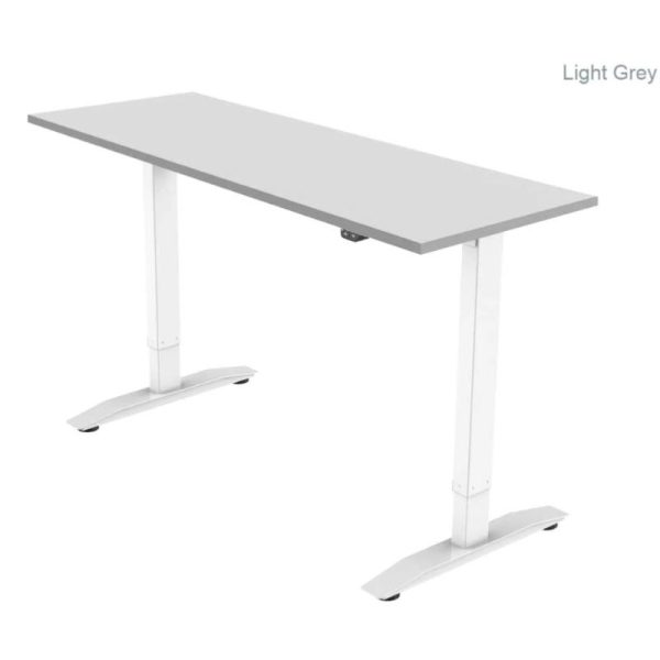 height adjustable desk with light grey desk top and white leg frame