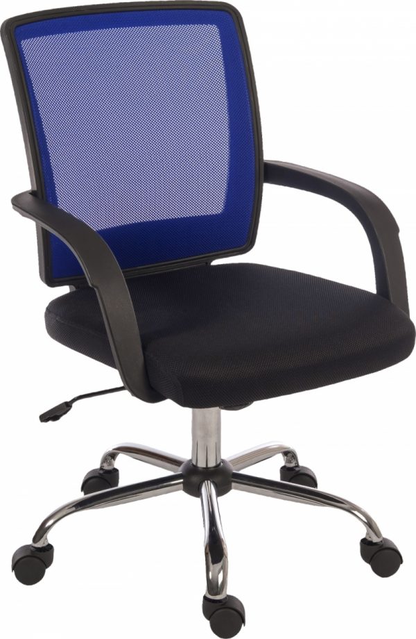 stylish mesh back chair with blue mesh back and black fabric seat