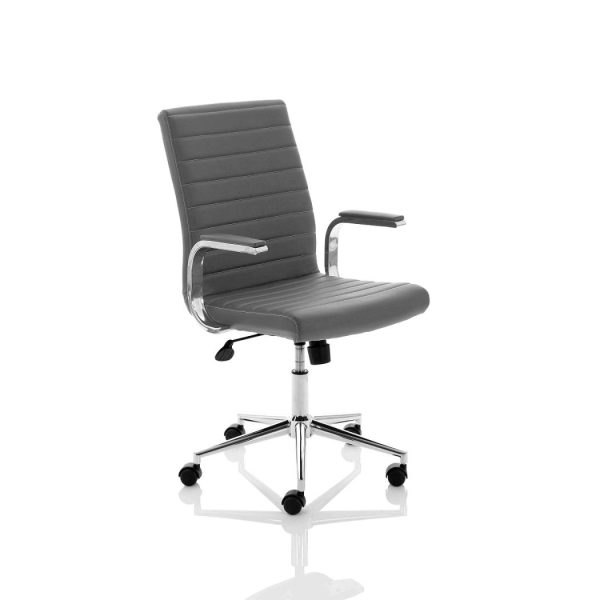 grey leather office chair with chrome base