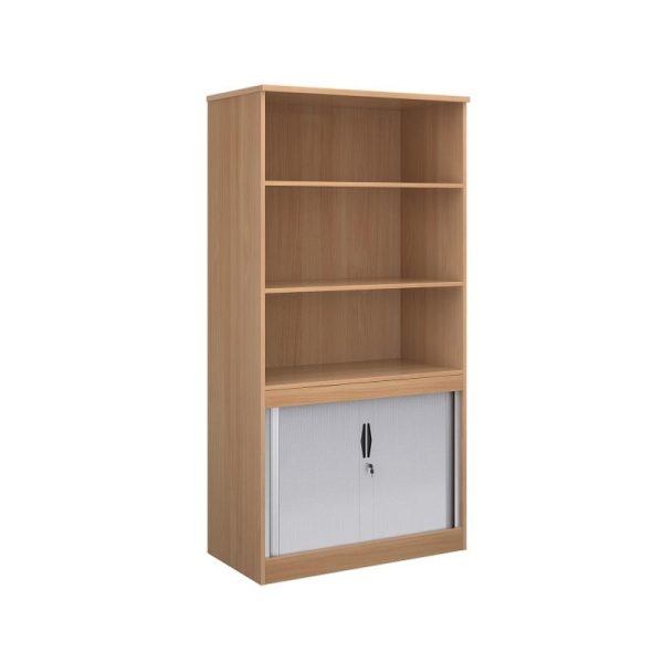 beech office storage unit with tambour doors below and open top