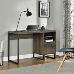 brown home office desk with file drawer and shelves with black frame