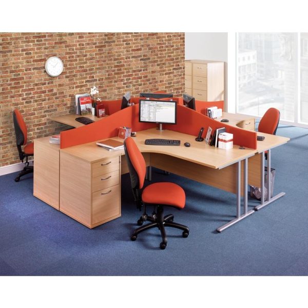 office furniture cluster of desks with orange screens and chair fabric