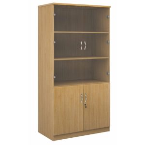 Deluxe office combination cupboard oak with glass upper doors and wooden doors underneath