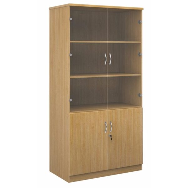 Deluxe office combination cupboard oak with glass upper doors and wooden doors underneath
