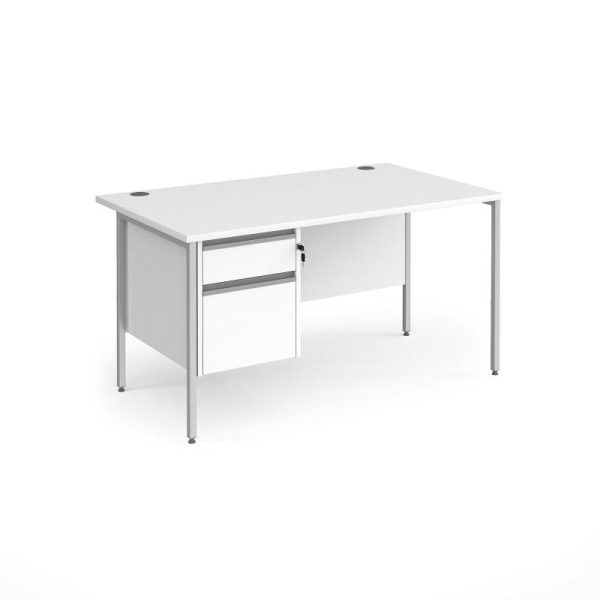 desks with 2 storage drawers in white finish with silver H Frame Legs