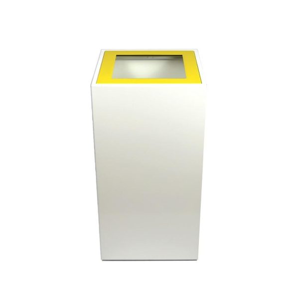 white office recycling bin with yellow top