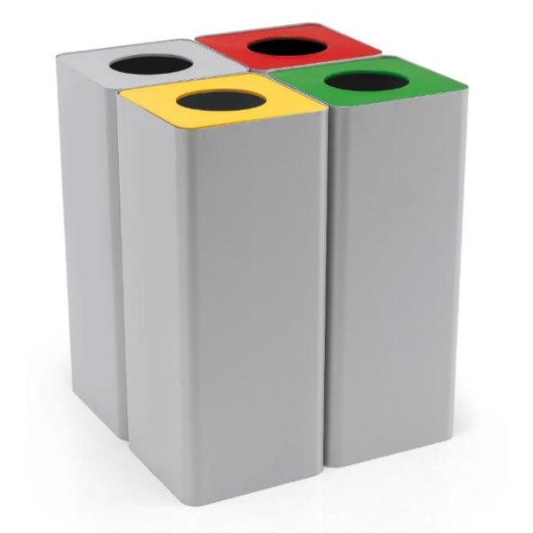 4 silver office recycling bins with silver, red, yellow and green tops