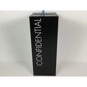 Black lockable office recycling bin with white lettering Confidential