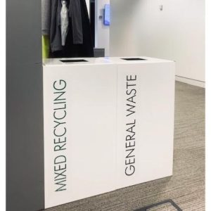 2 white office recycling bins with black lettering