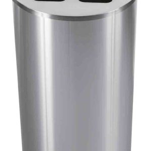 stainless steel office recycling bin with 3 cutouts for waste