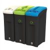 black plastic office recycling bins with white, lime green and blue top