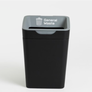 black plastic office recycling bin with grey top and General Waste lettering and Pictogram