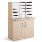 Lockable door pigeon holes on a mailroom wooden door cupboard