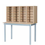 mail sorter with table 24 space pigeon hole unit in oak finish and acrylic shelves on post room table