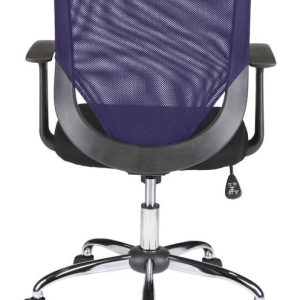 mesh back office chair with purple mesh back and black fabric seat back view