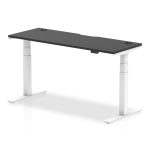 height adjustable desk with black desk top and white leg frame