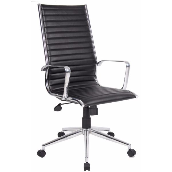 high back executive office chair in black leather and chrome frame