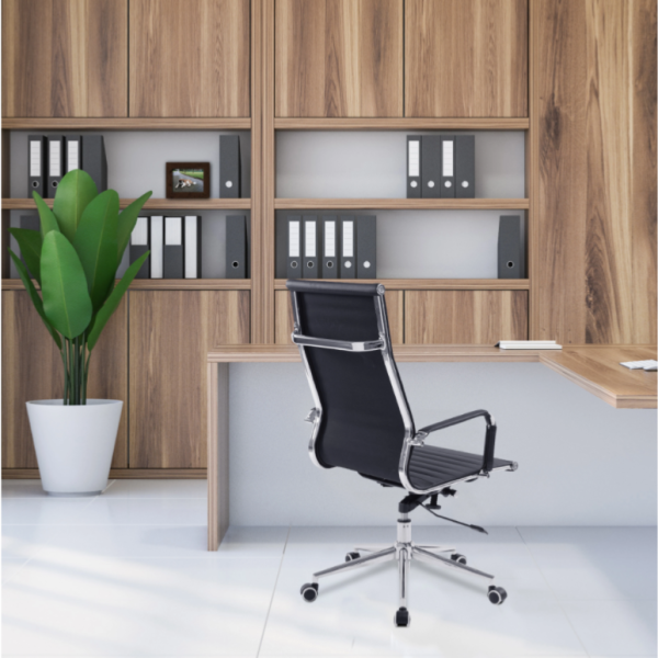 high back executive office chair in black leather with chrome frame
