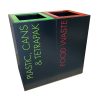 black recycling bin with red top and red lettering by a black office recycling bin with green top and lettering