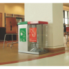 1 transparent office recycling bin with red top and sticker and 1 silver with green top and sticker