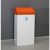 white office recycling bin with red swing top