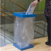 transparent office recycling bin with blue top and base