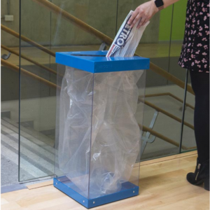 transparent office recycling bin with blue top and base