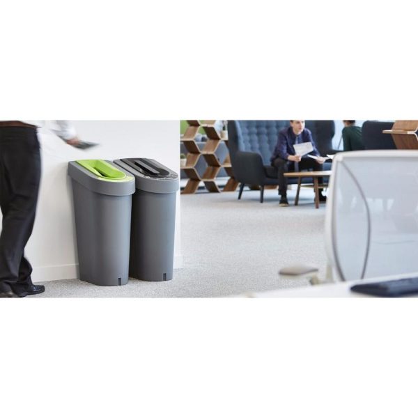 2 grey office recycling bins with coloured tops and stickers