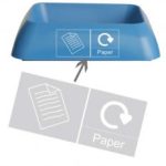 blue office recycling bin ring top with Paper lettering and recycling pictogram