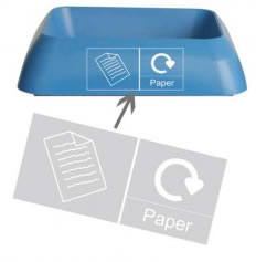 blue office recycling bin ring top with Paper lettering and recycling pictogram