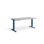 adjustable office desks with light wood desk top and blue frame