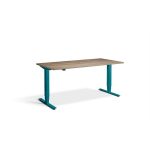 height adjustable desks in light wood desk top and blue frame