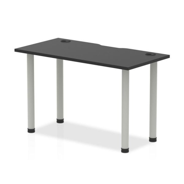 office desk with black desk top and silver legs