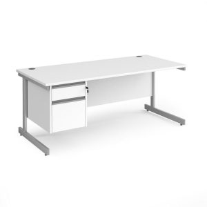 2 drawer office desk in white finish with silver leg frame