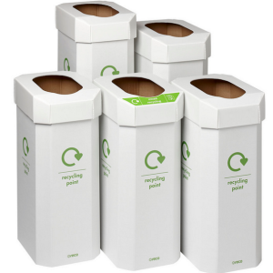 Group of cardboard office recycling bins