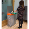 office recycling bins 1 transparent with orange top and 1 silver with green top.