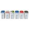 row of assorted office recycling bins with different colour tops for different waste streams
