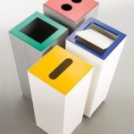 office recycling bin with lid on wheels with colourful tops to indictate waste stream