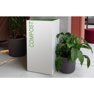 white office recycling bin with green lettering
